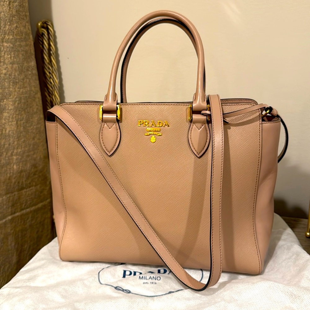 Prada Saffiano calf leather double top handle bag pink/ beige color